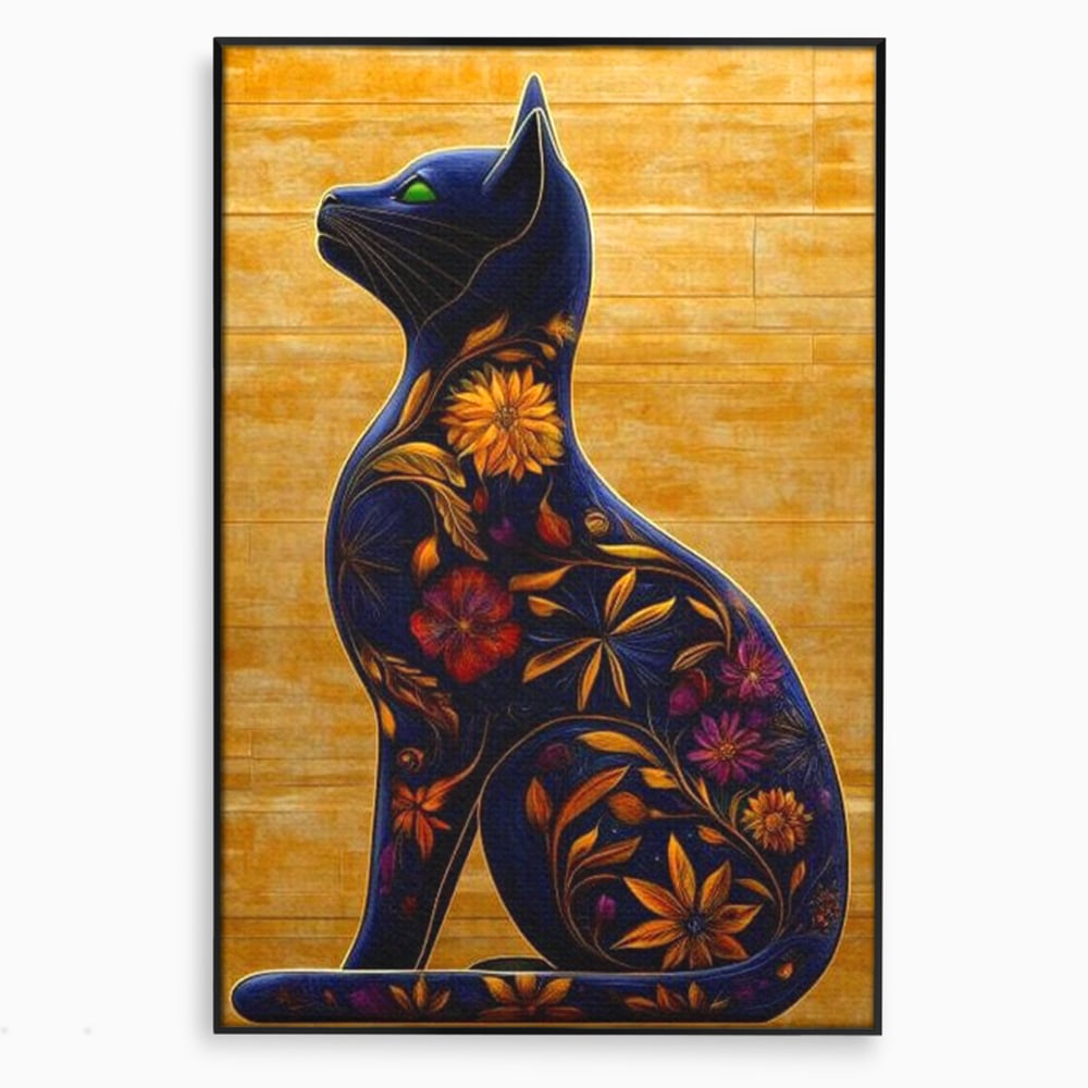 Tablou canvas cu tablou canvas cu pisica albastra decorata cu flori, in rama de aluminiu negru